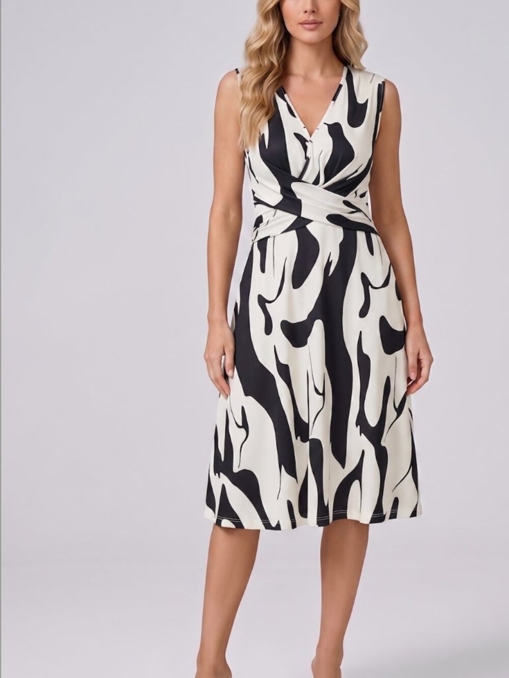 Chic Black and White Abstract Twist Front A-line Dress